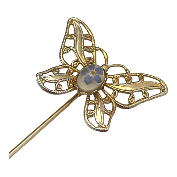 Vintage Pin Gold Tone Butterfly Pressed Flower Estate Figural 5T - Picture 2 of 3